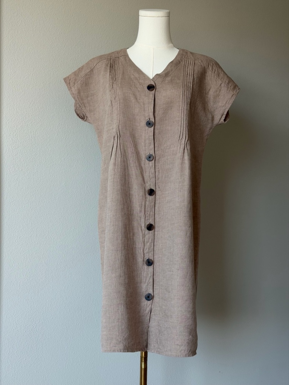 J. Jill Button Down Mini Linen Dress in Beige Neutral Tone / Boho Minimalist-XS - Picture 2 of 15
